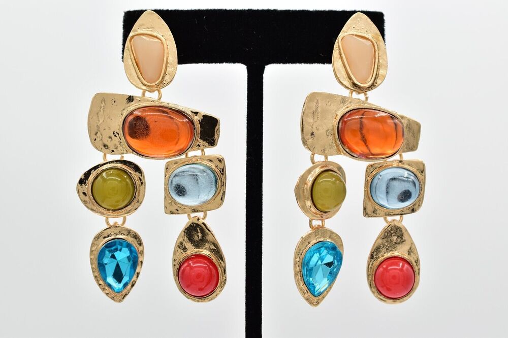 Statement Multi-Stone Drop Earrings Cabochon Crystal Jelly Gold Tone Chunky 9L